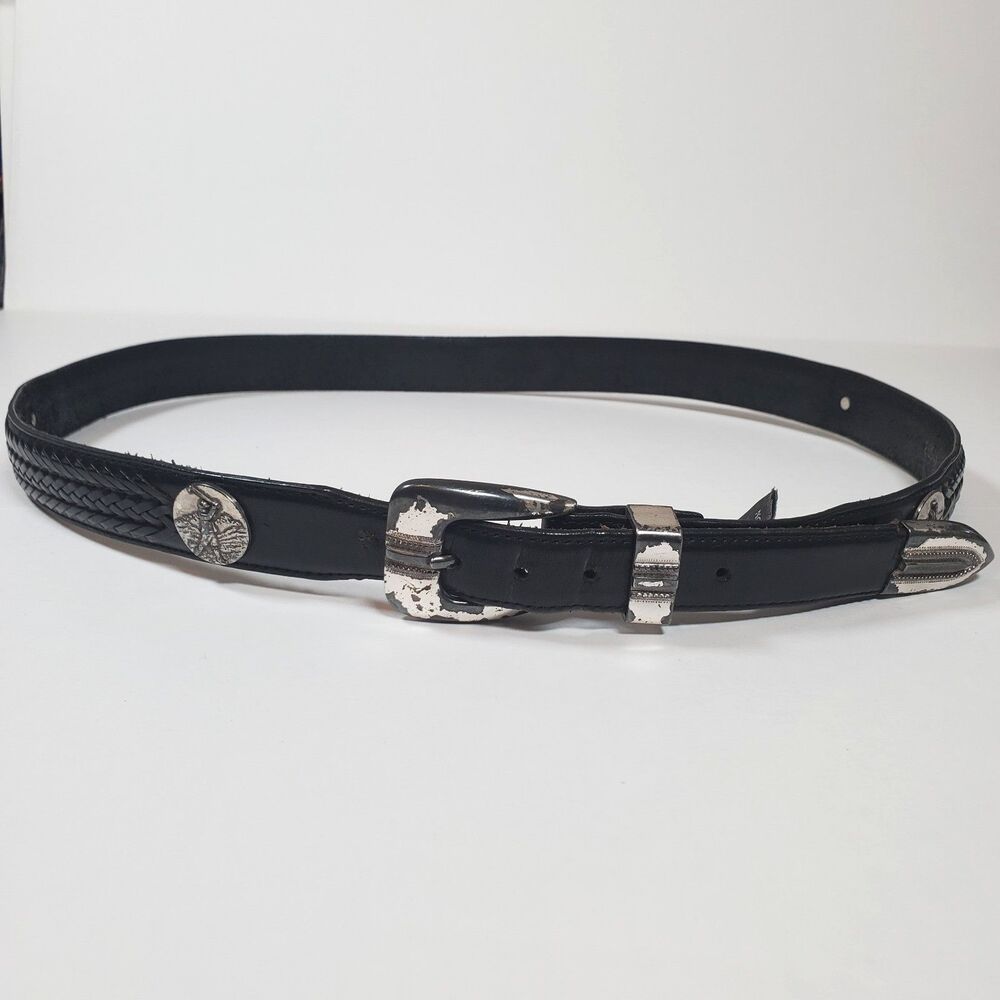 Vintage 1996 Onyx by Brighton Men's Golf Concho Leather Belt Black Size 42